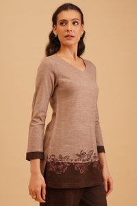Beige Thread Embroidered Acrylic Straight Winter Top with Palazzo Set