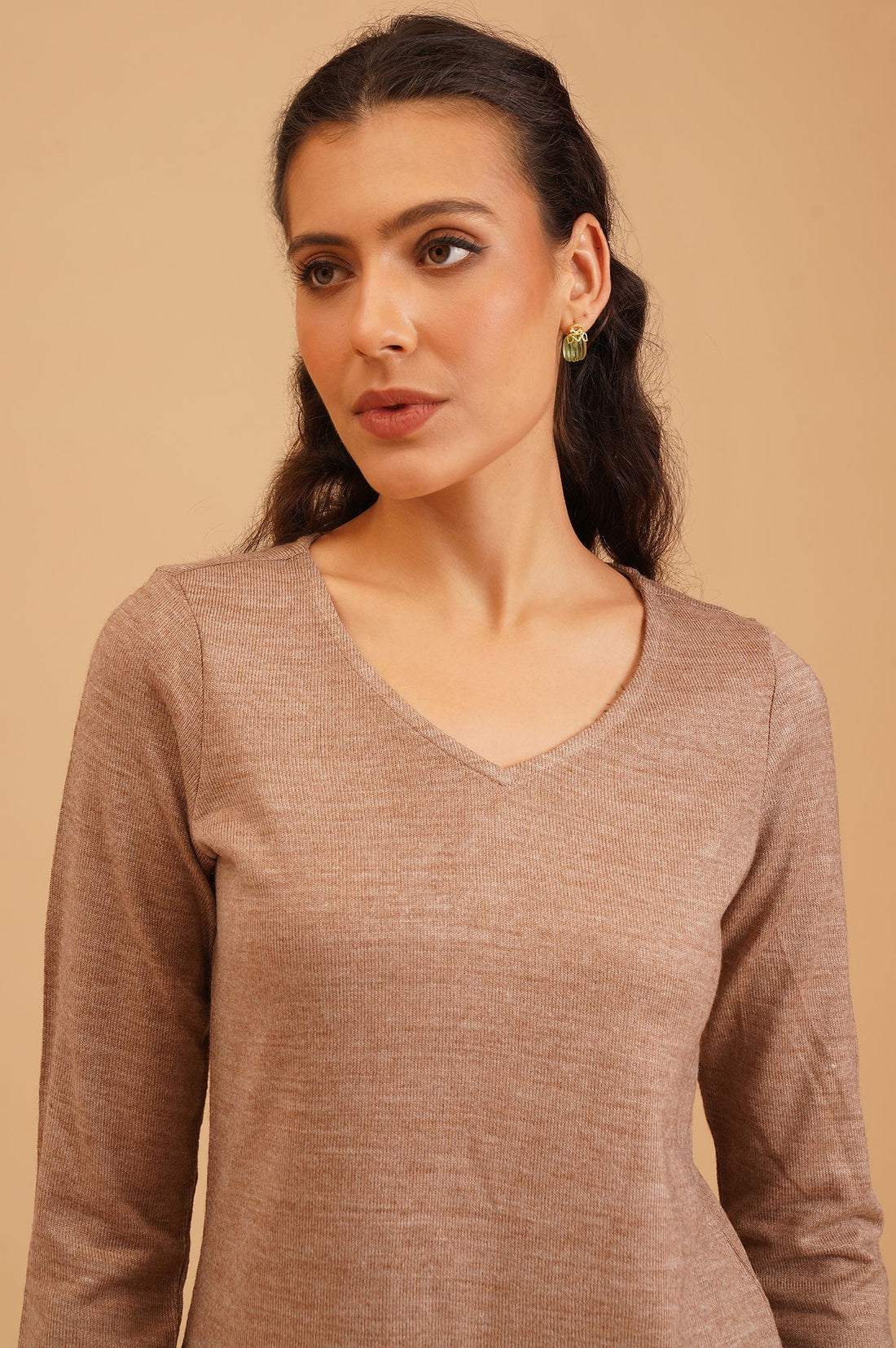 Beige Thread Embroidered Acrylic Straight Winter Top with Palazzo Set