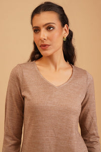 Beige Thread Embroidered Acrylic Straight Winter Top with Palazzo Set
