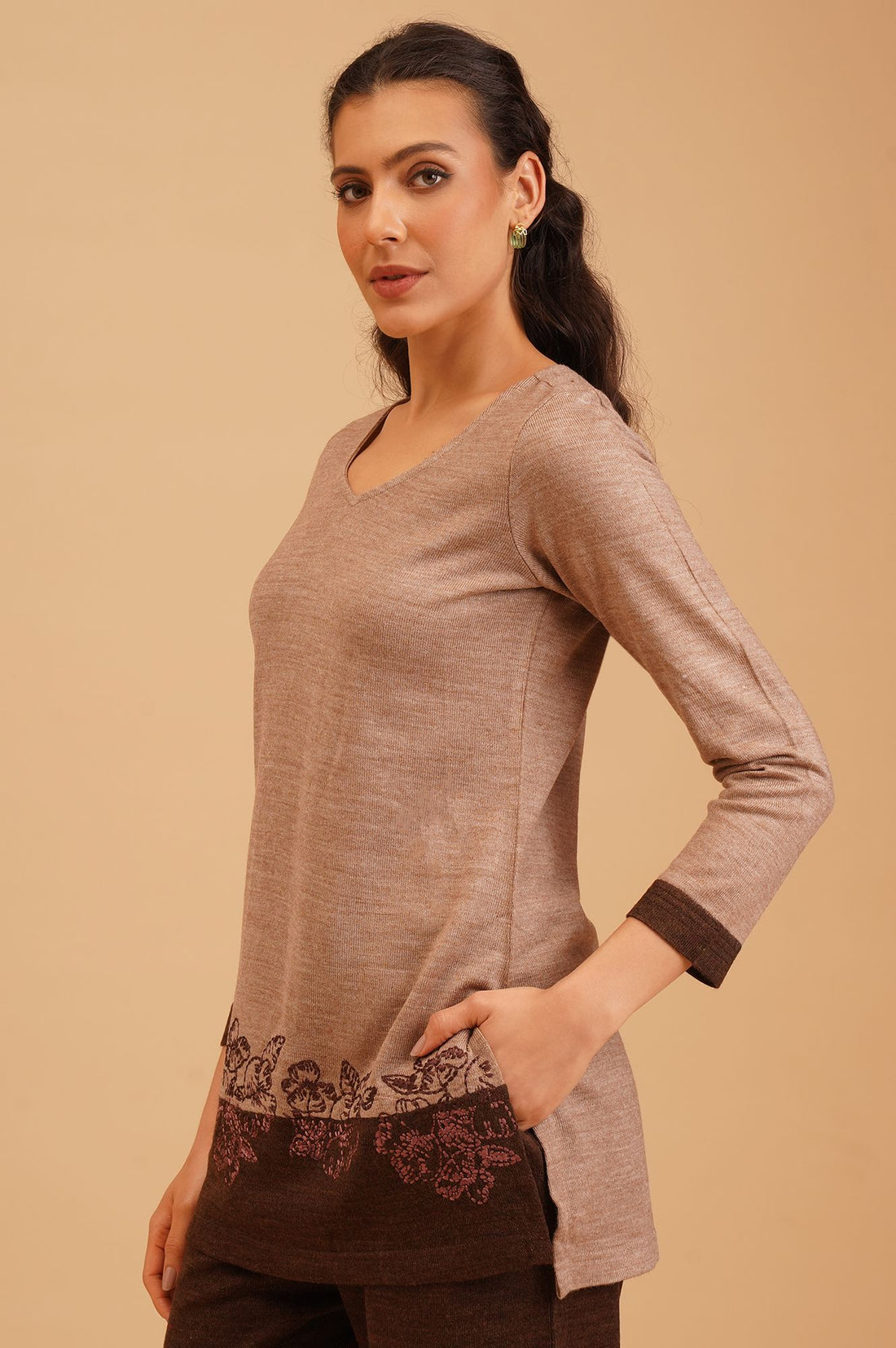 Beige Thread Embroidered Acrylic Straight Winter Top with Palazzo Set
