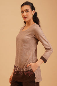 Beige Thread Embroidered Acrylic Straight Winter Top with Palazzo Set