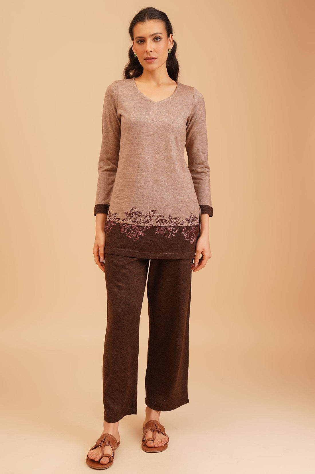 Beige Thread Embroidered Acrylic Straight Winter Top with Palazzo Set