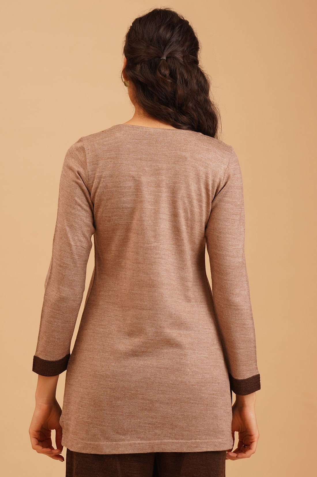 Beige Thread Embroidered Acrylic Straight Winter Top with Palazzo Set