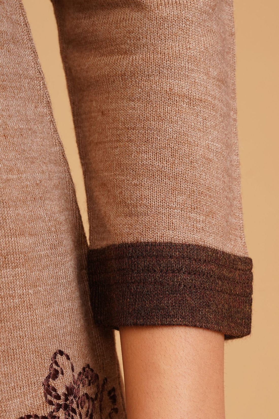 Beige Thread Embroidered Acrylic Straight Winter Top with Palazzo Set