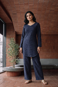 Navy Blue Velvet Texture Straight Winter Kurti with Palazzo Set