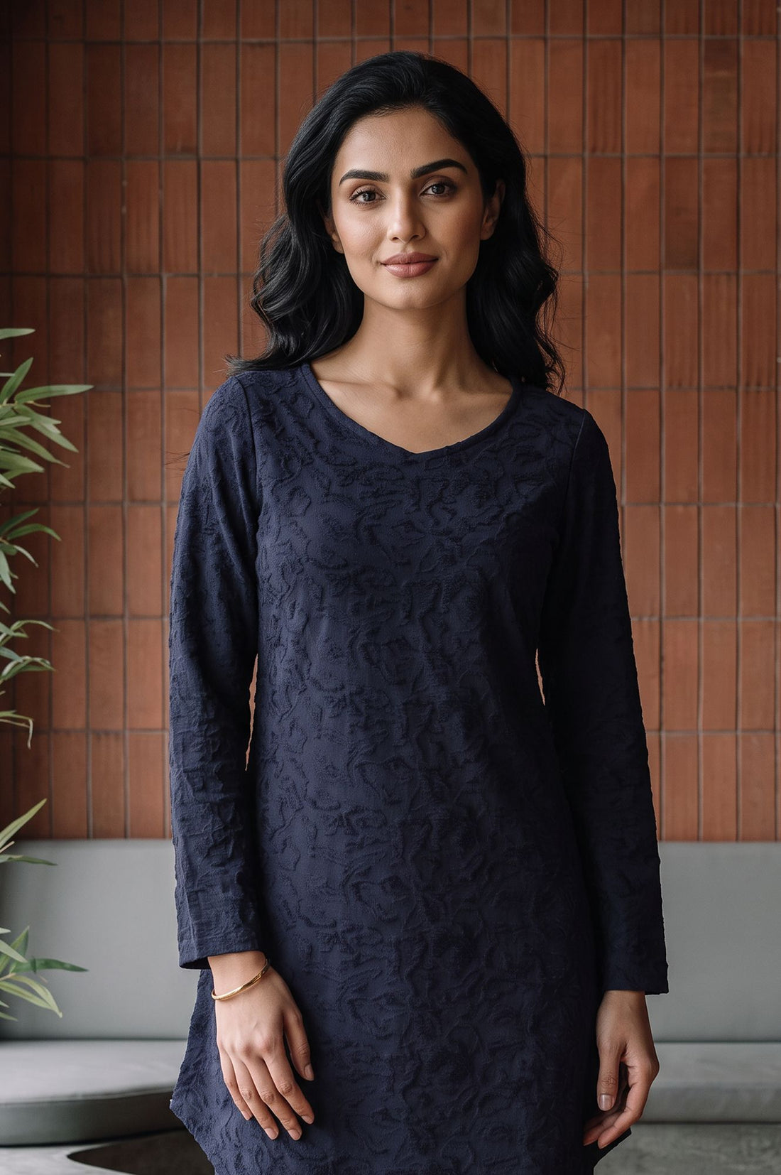 Navy Blue Velvet Texture Straight Winter Kurti with Palazzo Set