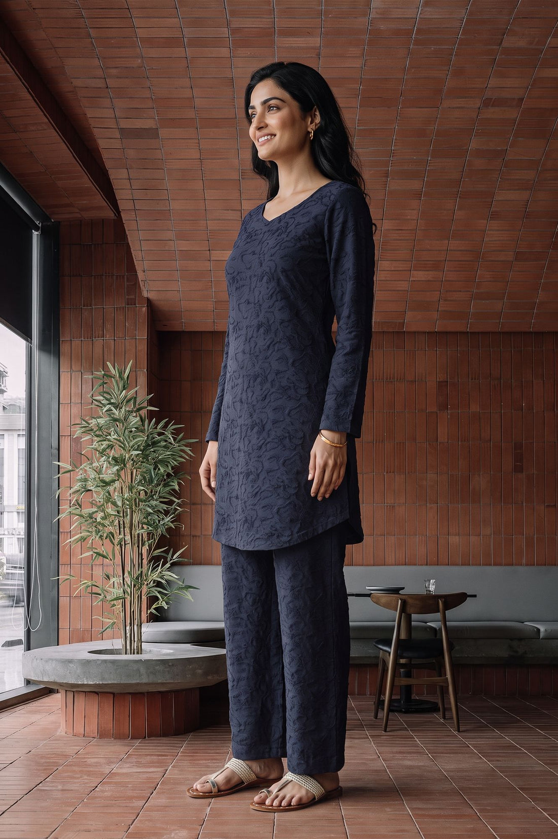 Navy Blue Velvet Texture Straight Winter Kurti with Palazzo Set