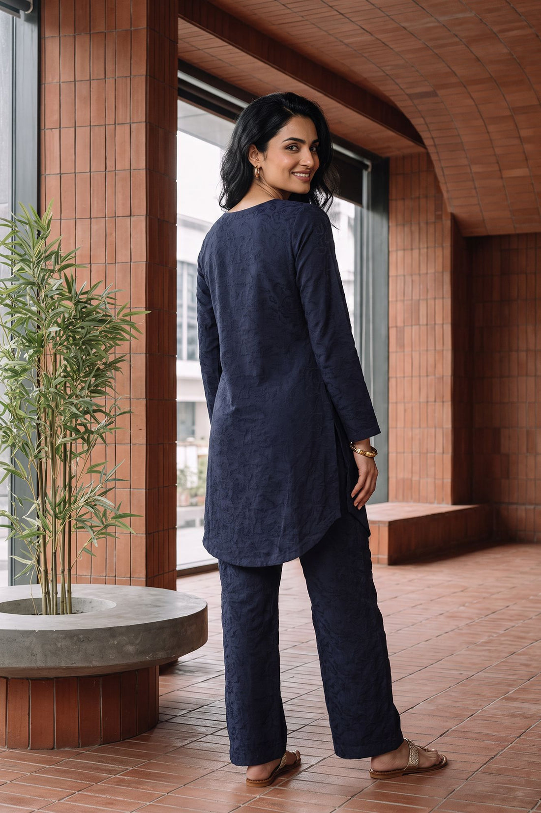 Navy Blue Velvet Texture Straight Winter Kurti with Palazzo Set