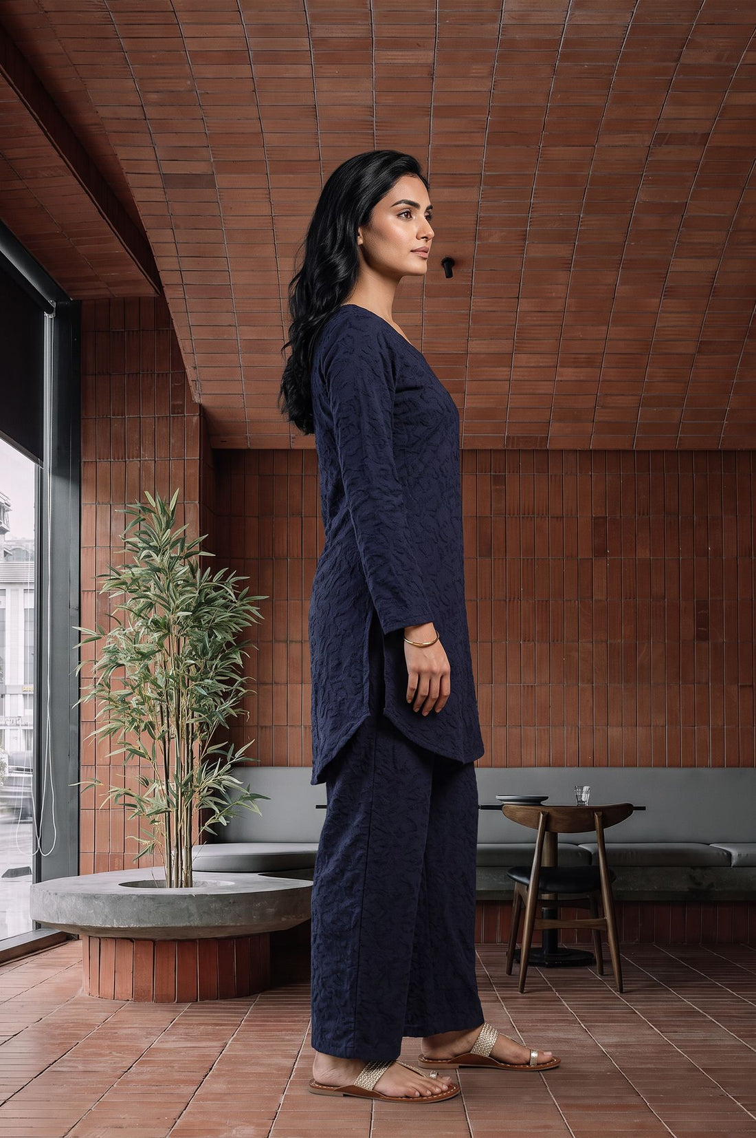 Navy Blue Velvet Texture Straight Winter Kurti with Palazzo Set
