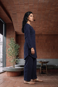 Navy Blue Velvet Texture Straight Winter Kurti with Palazzo Set