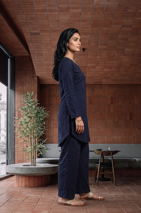 Navy Blue Velvet Texture Straight Winter Kurti with Palazzo Set