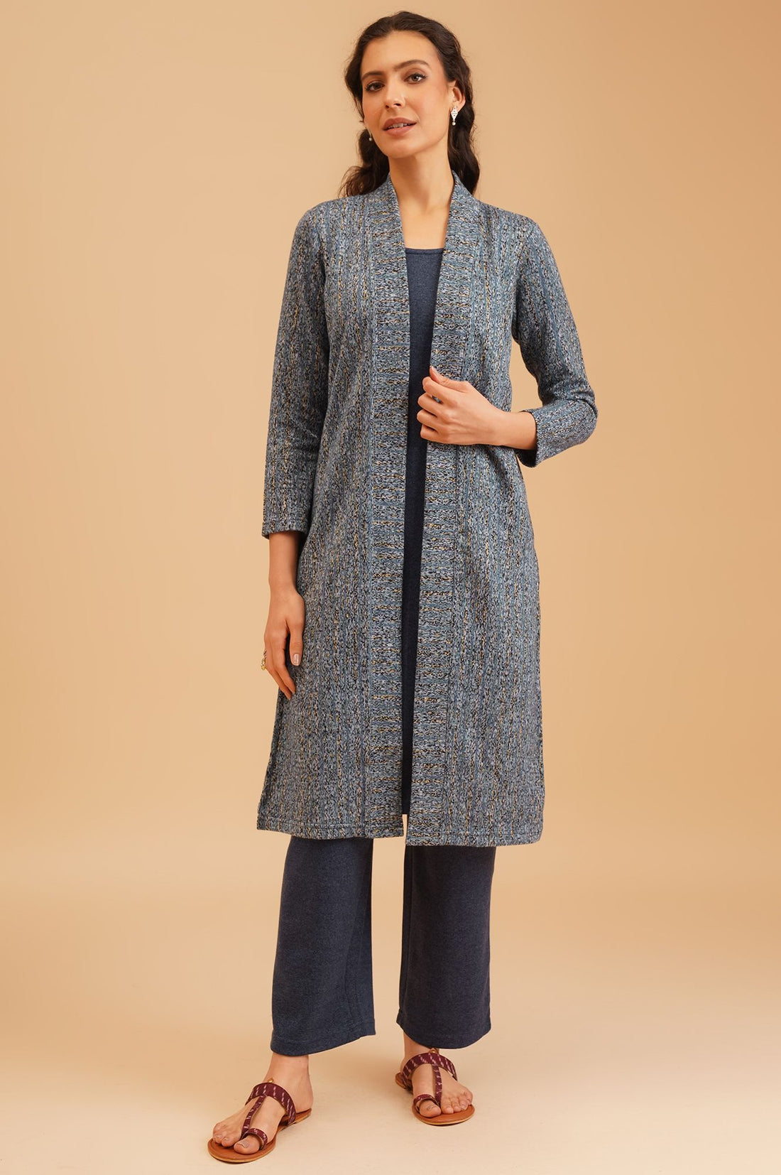 Blue Textured Jacquard Straight Winter Kurta with Palazzo Set