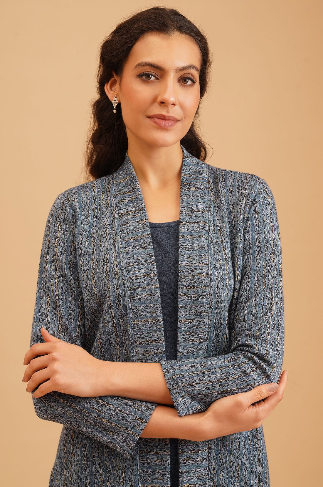 Blue Textured Jacquard Straight Winter Kurta with Palazzo Set