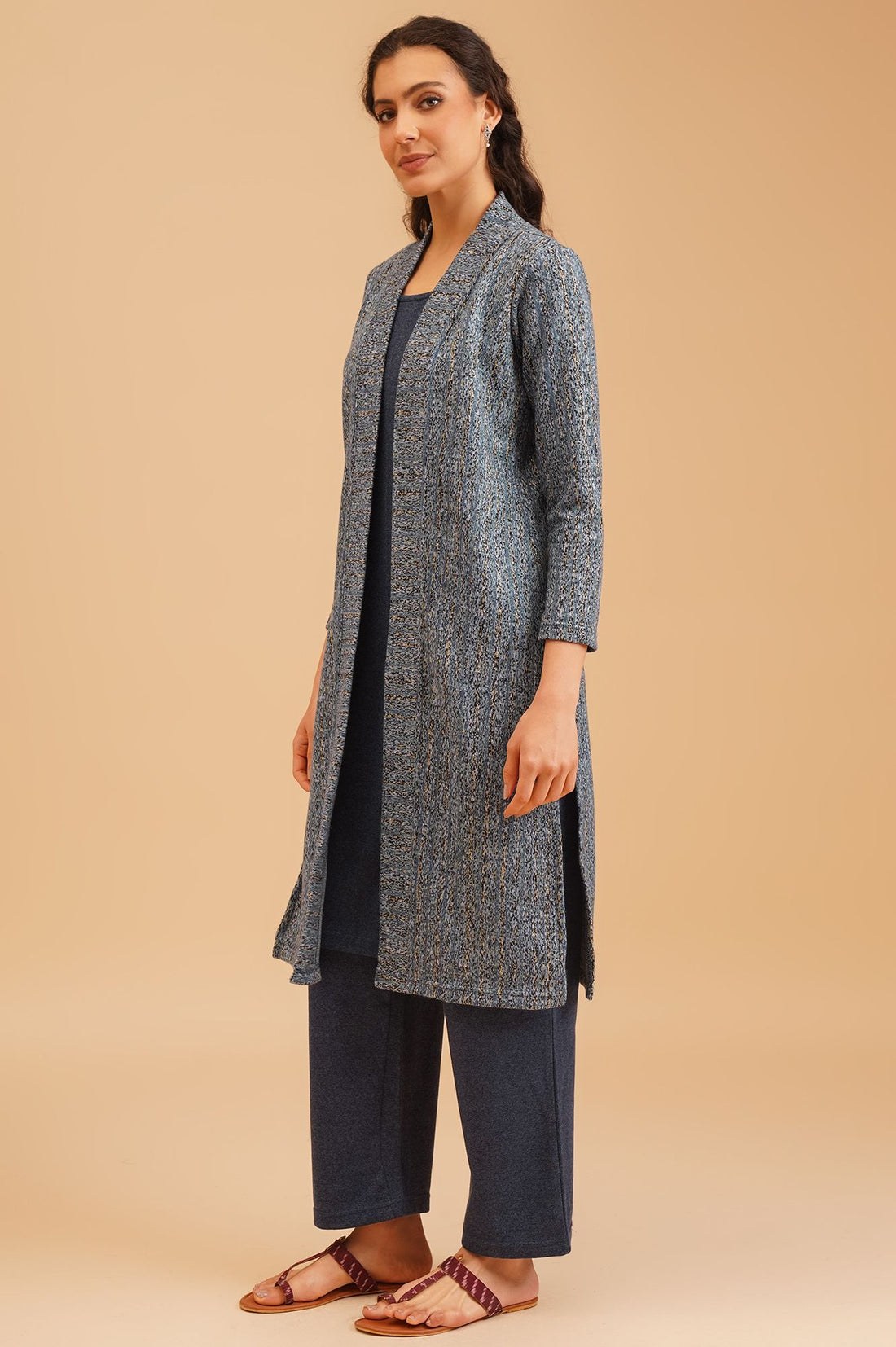 Blue Textured Jacquard Straight Winter Kurta with Palazzo Set