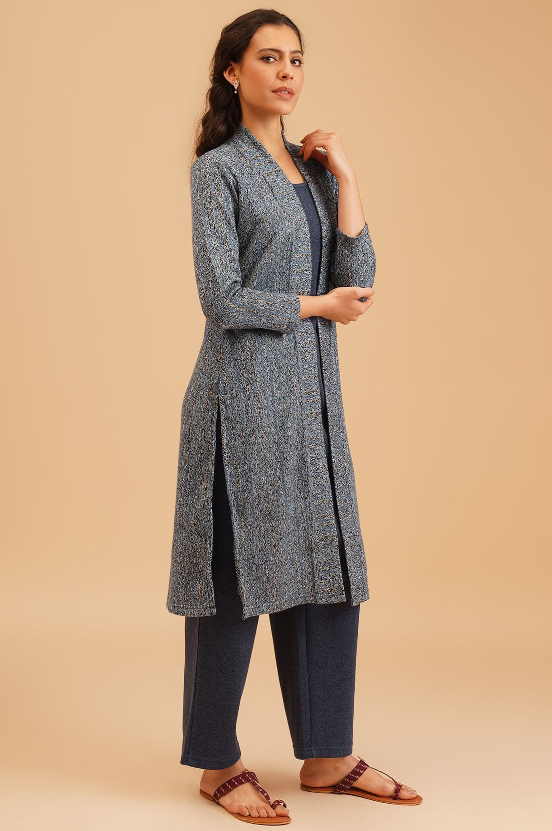 Blue Textured Jacquard Straight Winter Kurta with Palazzo Set