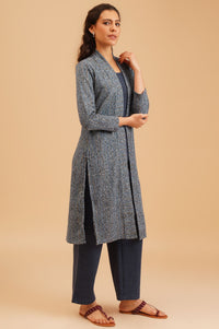 Blue Textured Jacquard Straight Winter Kurta with Palazzo Set