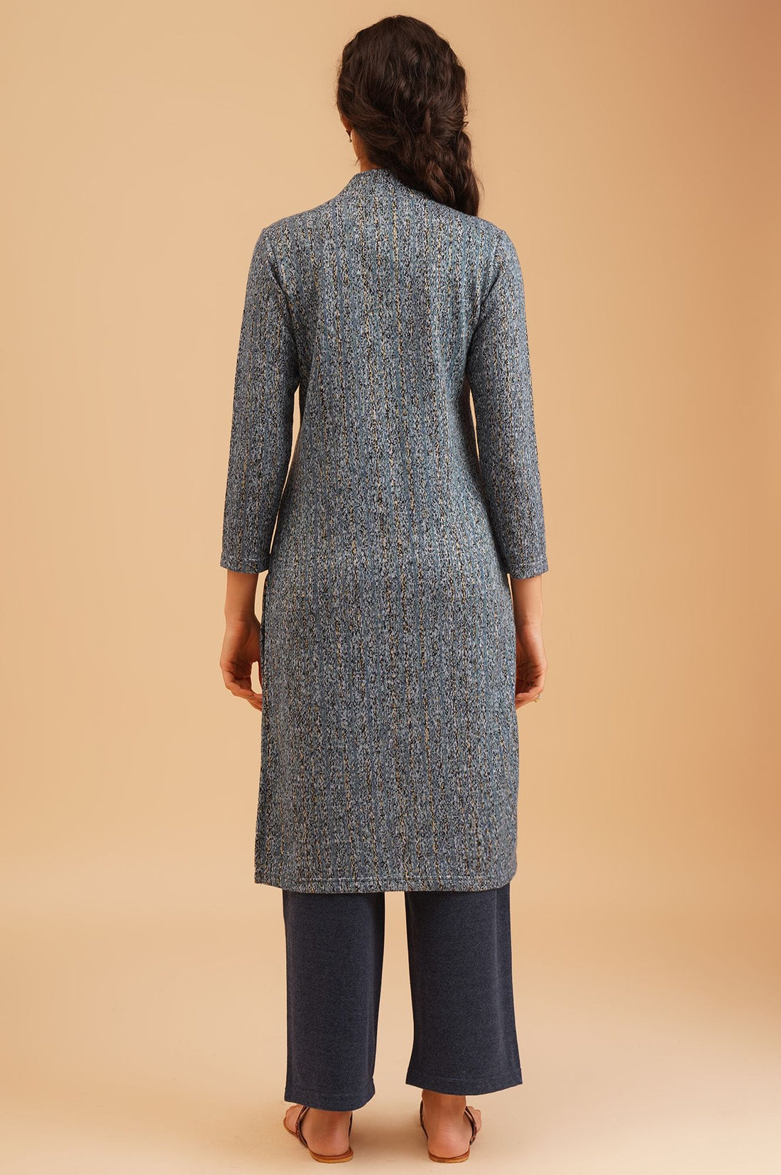 Blue Textured Jacquard Straight Winter Kurta with Palazzo Set