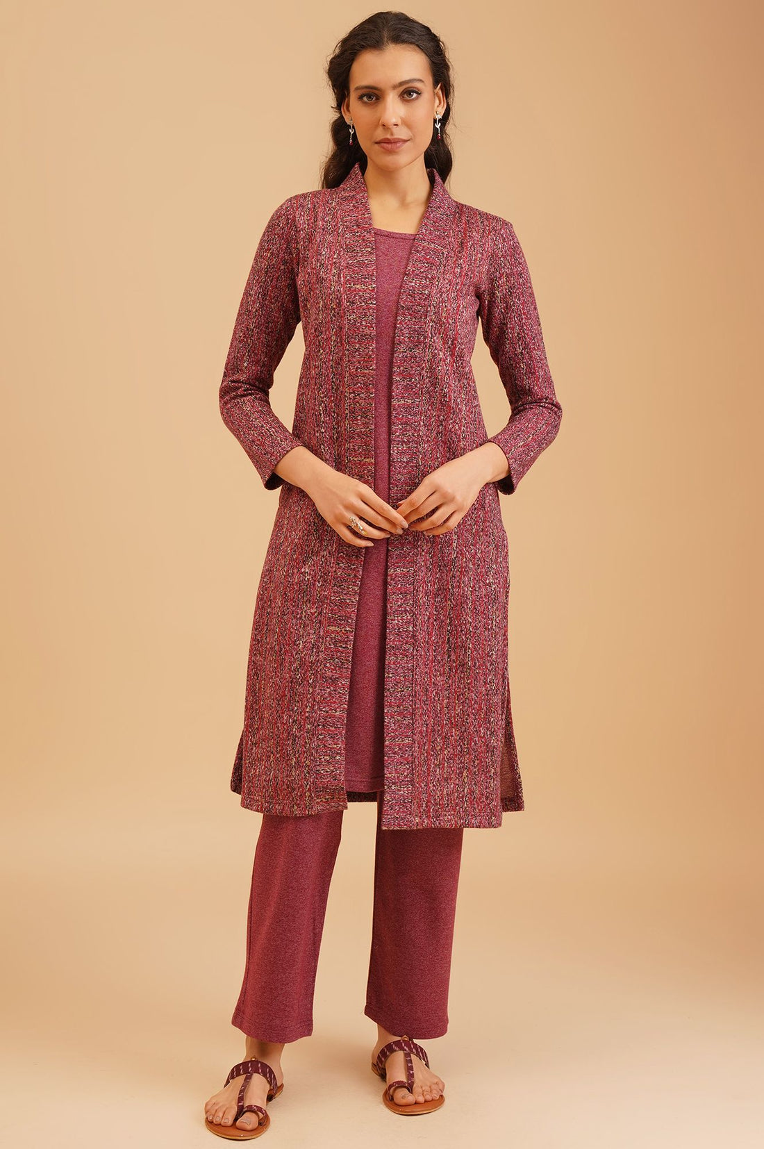 Burgundy Jacquard Straight Winter Kurta with Palazzo Set