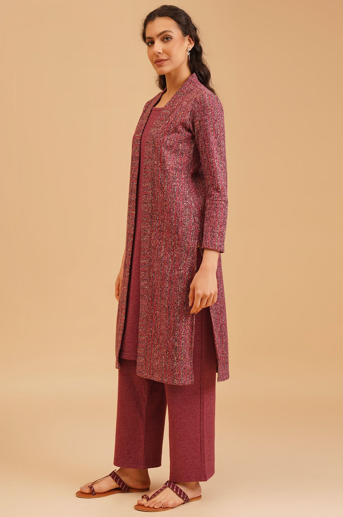 Burgundy Jacquard Straight Winter Kurta with Palazzo Set