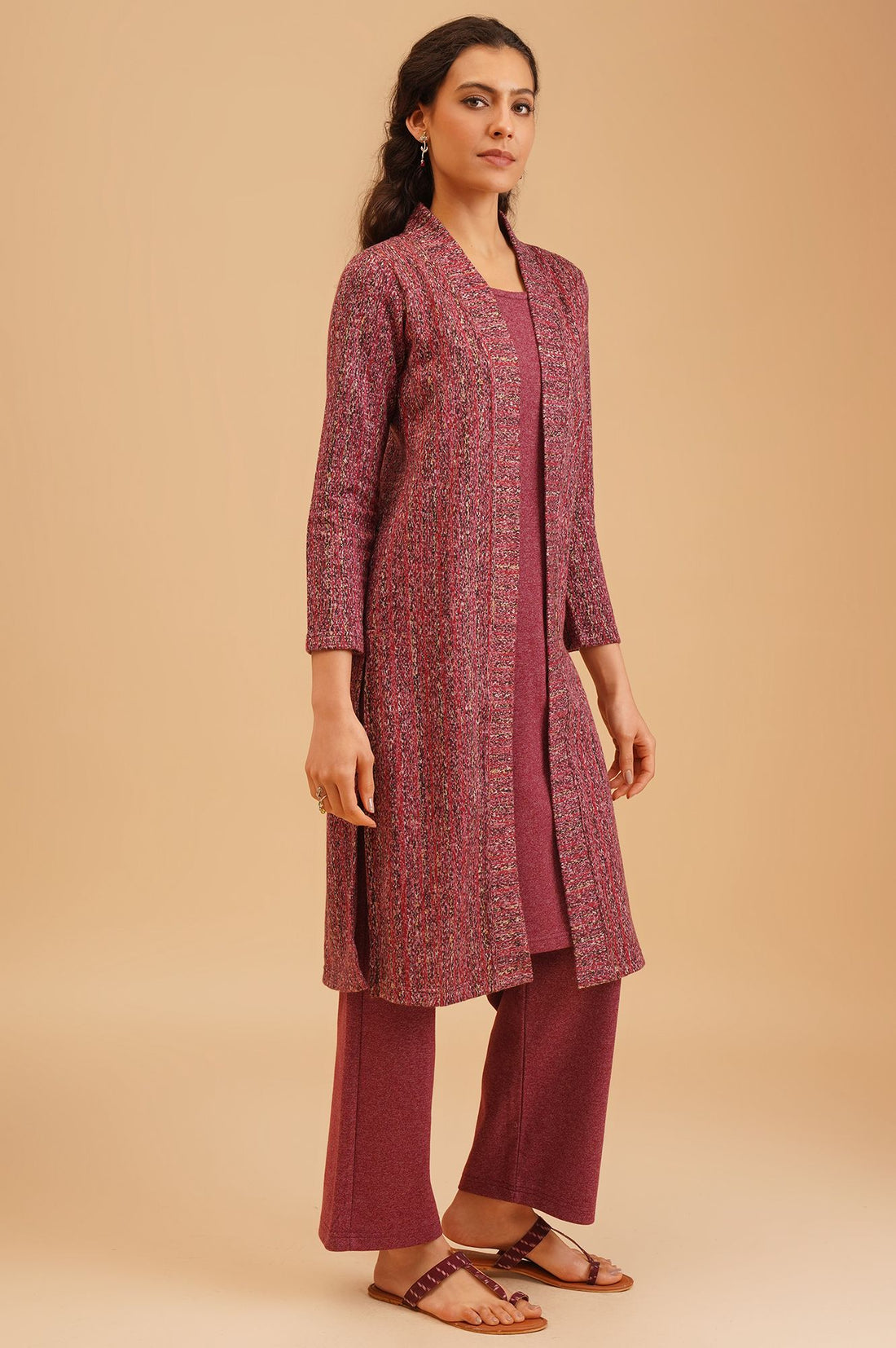 Burgundy Jacquard Straight Winter Kurta with Palazzo Set