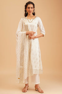 Off White Gold Printed Sequins Straight Kurta with Palazzo and Dupatta Set