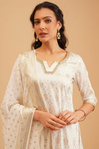 Off White Gold Printed Sequins Straight Kurta with Palazzo and Dupatta Set