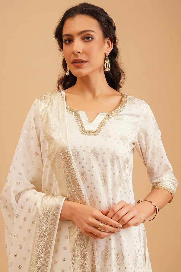 Off White Gold Printed Sequins Straight Kurta with Palazzo and Dupatta Set