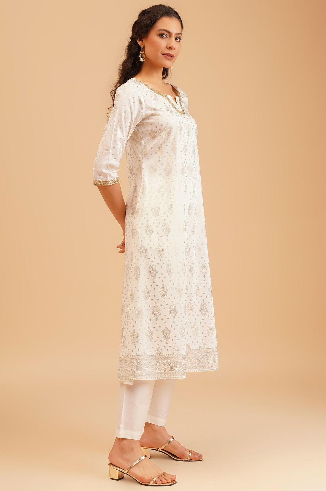 Off White Gold Printed Sequins Straight Kurta with Palazzo and Dupatta Set