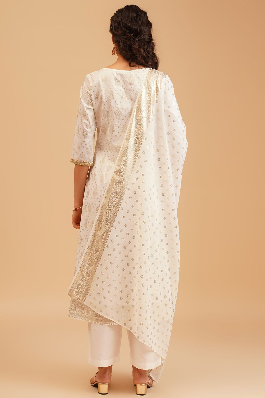 Off White Gold Printed Sequins Straight Kurta with Palazzo and Dupatta Set