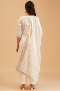 Off White Gold Printed Sequins Straight Kurta with Palazzo and Dupatta Set