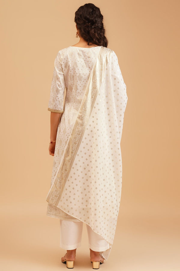 Off White Gold Printed Sequins Straight Kurta with Palazzo and Dupatta Set