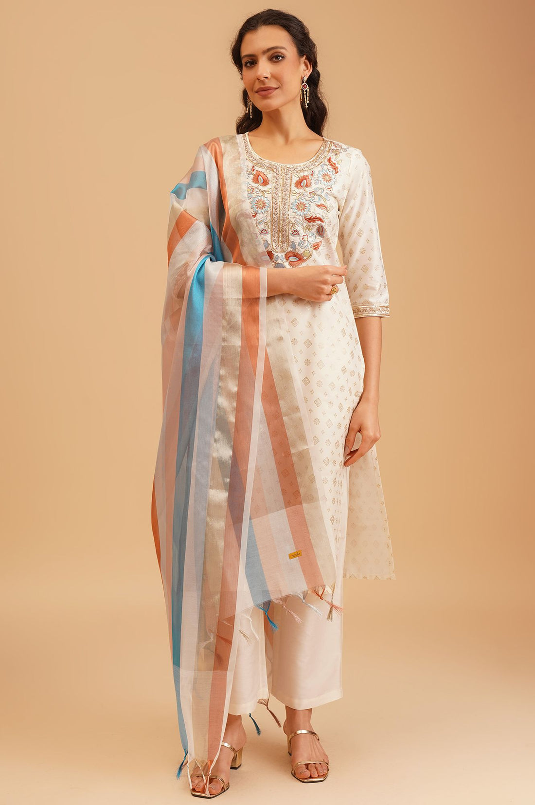 Off White Thread Embroidered Straight Kurta with Palazzo and Dupatta Set
