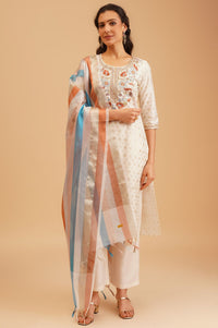 Off White Thread Embroidered Straight Kurta with Palazzo and Dupatta Set