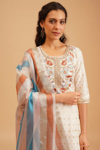 Off White Thread Embroidered Straight Kurta with Palazzo and Dupatta Set