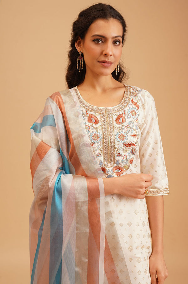 Off White Thread Embroidered Straight Kurta with Palazzo and Dupatta Set