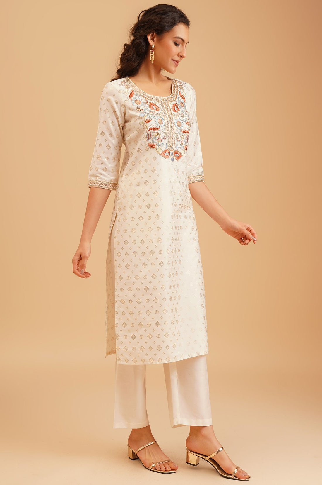 Off White Thread Embroidered Straight Kurta with Palazzo and Dupatta Set