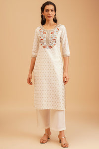 Off White Thread Embroidered Straight Kurta with Palazzo and Dupatta Set