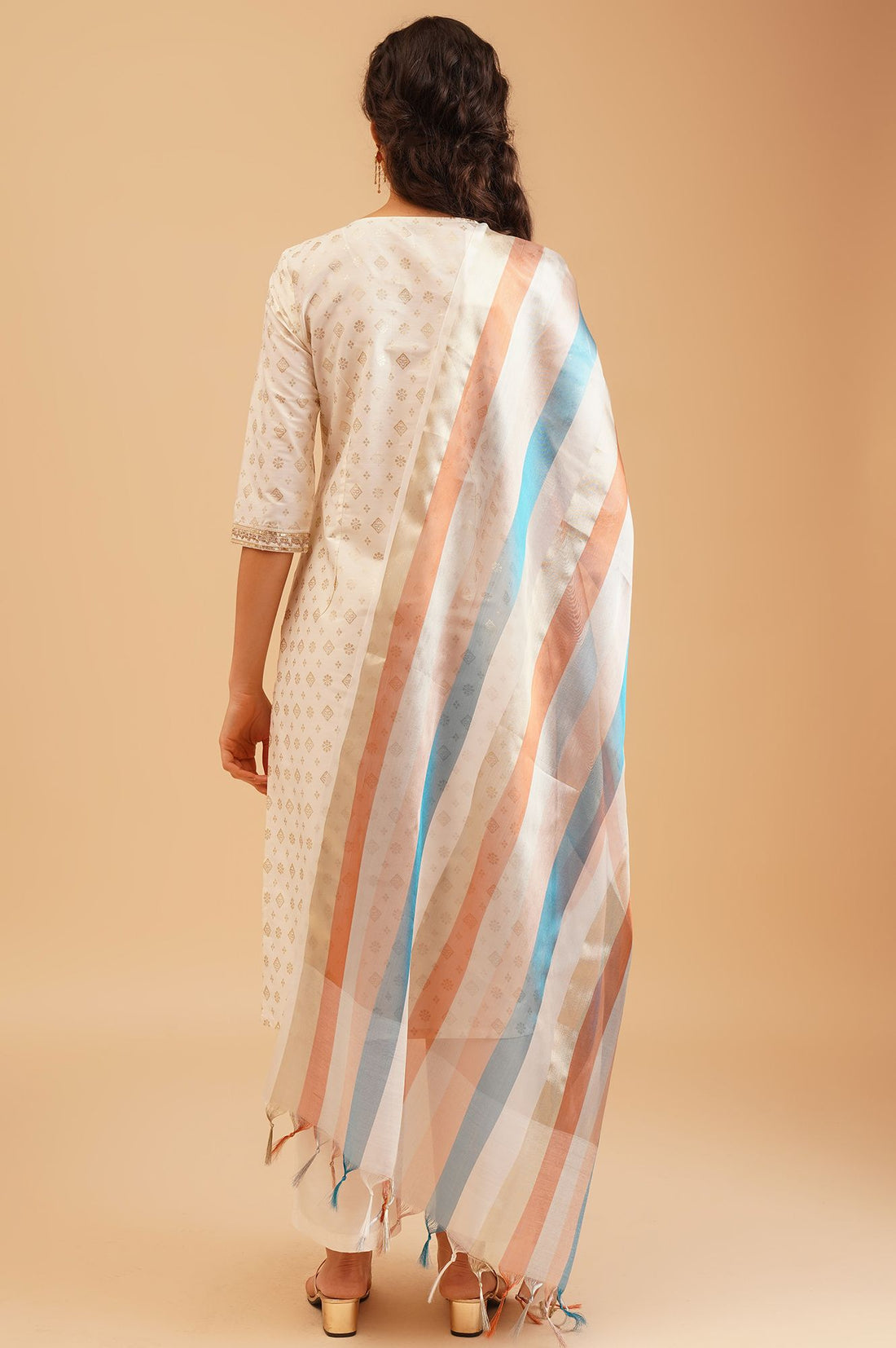 Off White Thread Embroidered Straight Kurta with Palazzo and Dupatta Set
