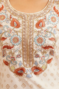 Off White Thread Embroidered Straight Kurta with Palazzo and Dupatta Set