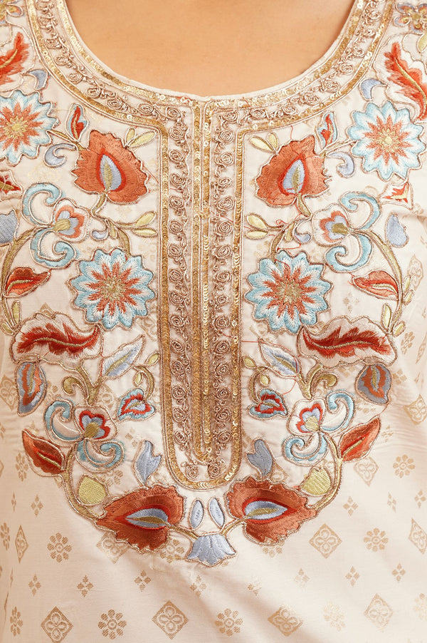 Off White Thread Embroidered Straight Kurta with Palazzo and Dupatta Set