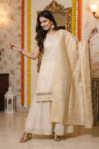 Off White Yarn Dyed Embroidered Jacquard Sleeveless Straight Kurta with Palazzo and Dupatta Set