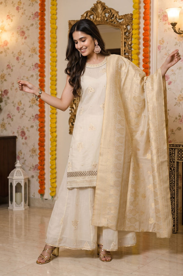 Off White Yarn Dyed Embroidered Jacquard Sleeveless Straight Kurta with Palazzo and Dupatta Set