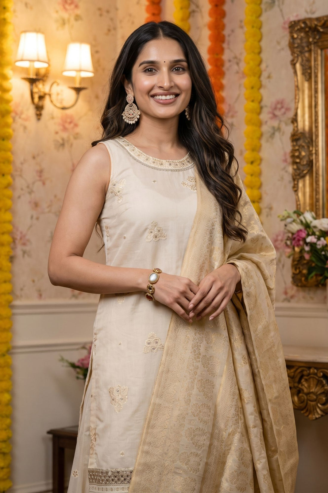 Off White Yarn Dyed Embroidered Jacquard Sleeveless Straight Kurta with Palazzo and Dupatta Set