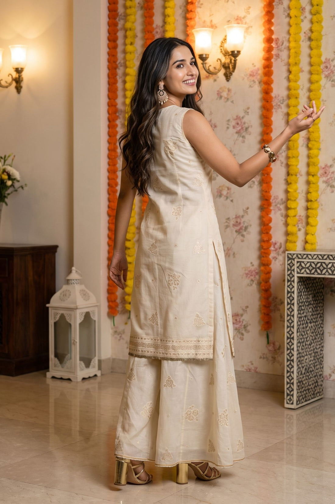 Off White Yarn Dyed Embroidered Jacquard Sleeveless Straight Kurta with Palazzo and Dupatta Set