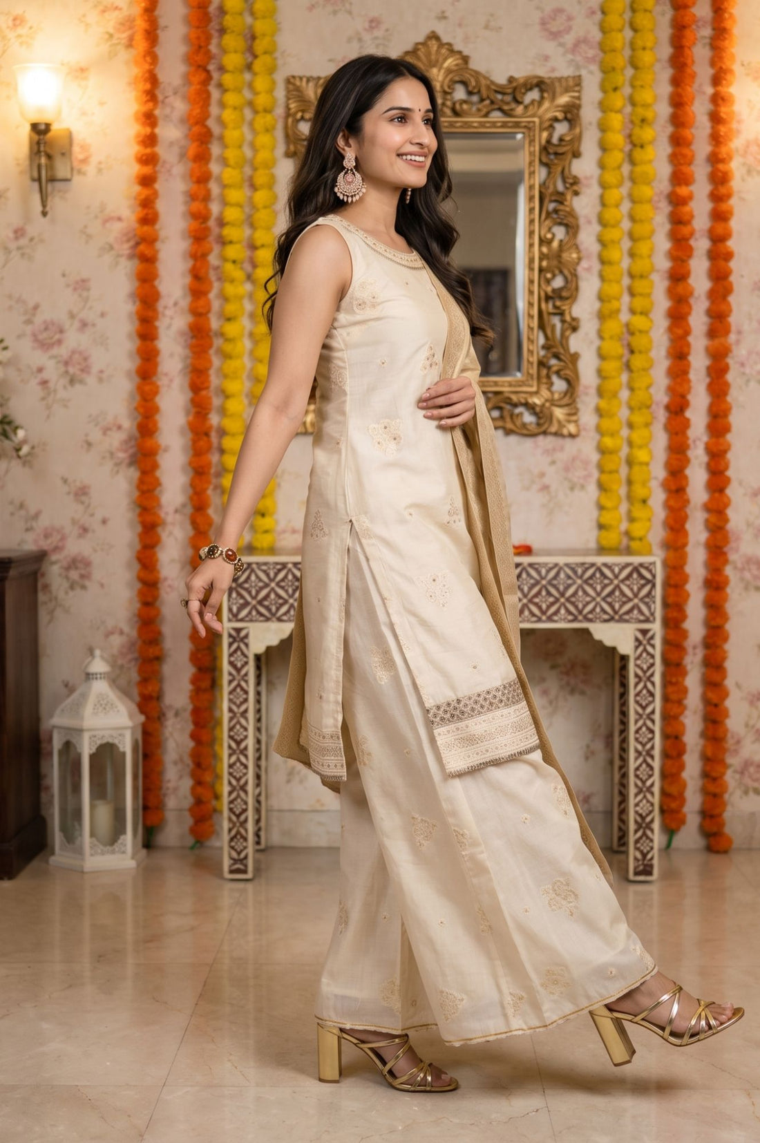 Off White Yarn Dyed Embroidered Jacquard Sleeveless Straight Kurta with Palazzo and Dupatta Set