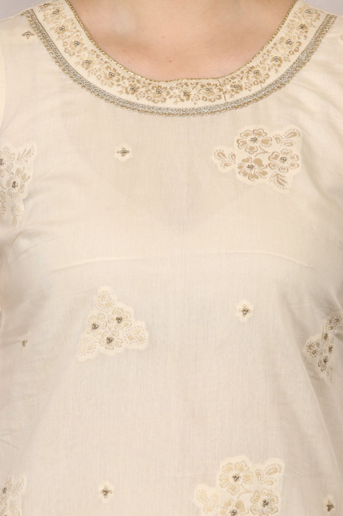 Off White Yarn Dyed Embroidered Jacquard Sleeveless Straight Kurta with Palazzo and Dupatta Set