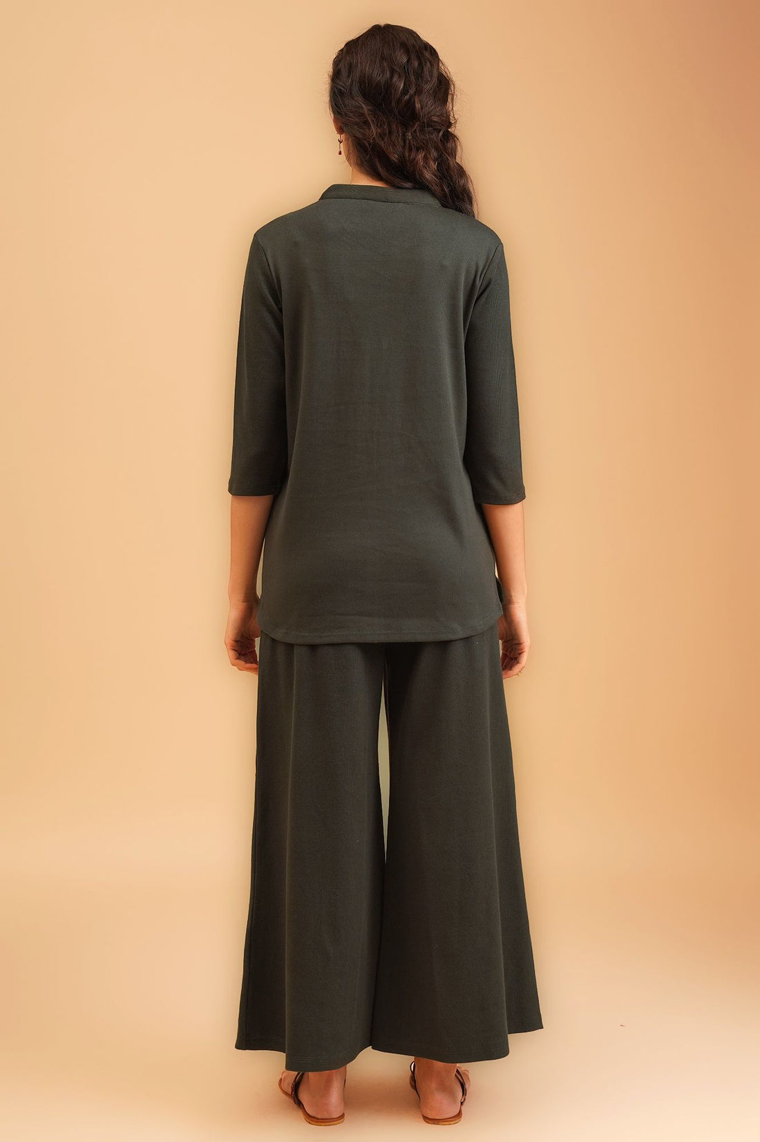 Charcoal Solid Lycra Straight Winter Top with Palazzo Co-ord Set