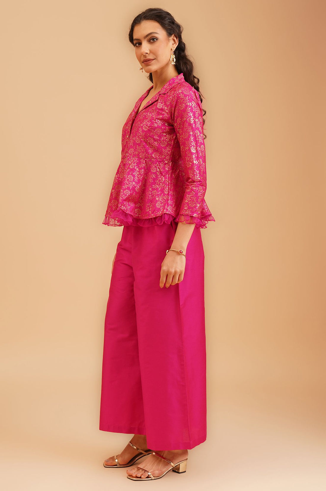 Pink Floral Printed Flared Jacket with Palazzo Set