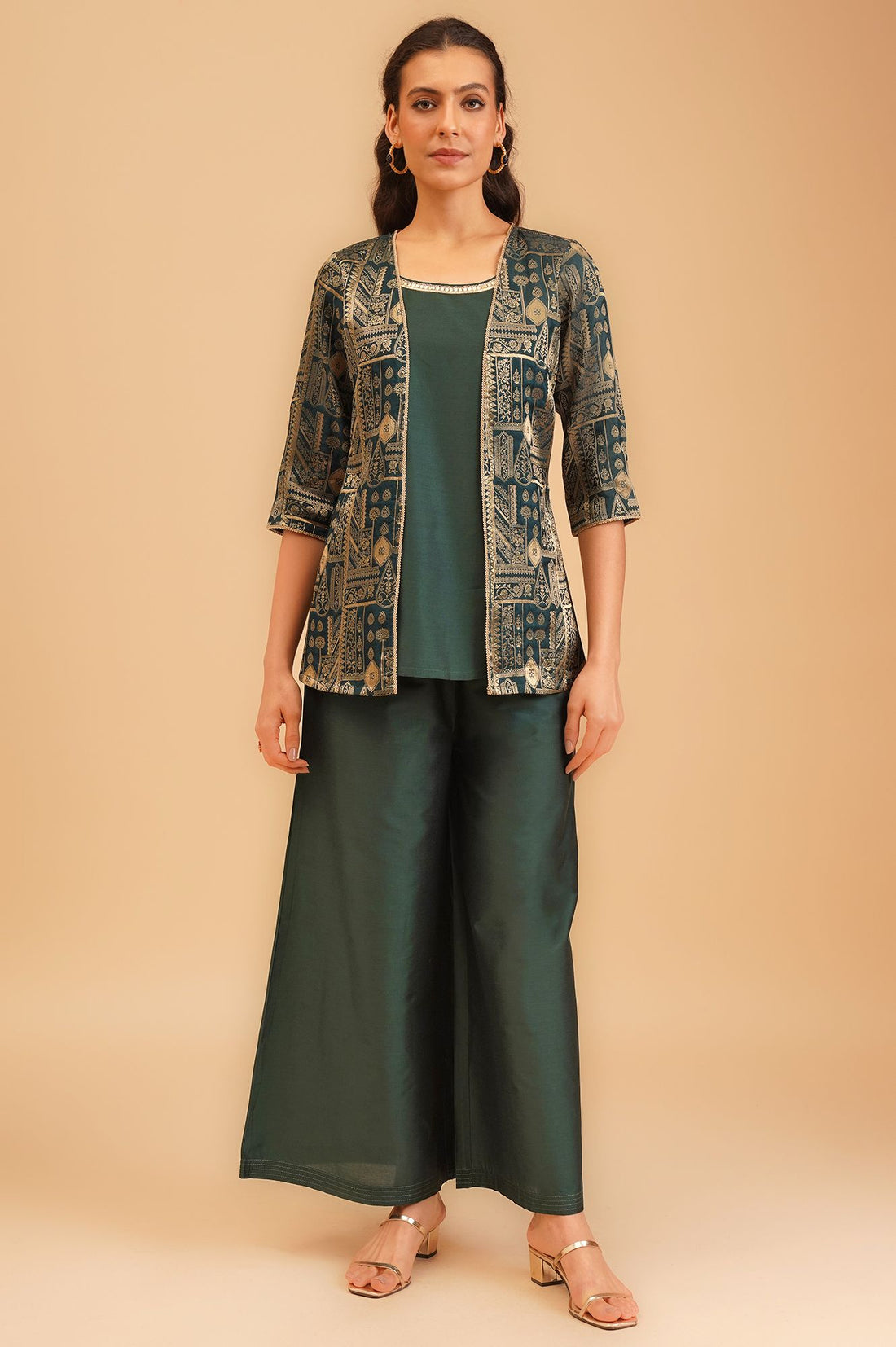 Green Jacquard Zari Straight Top with Palazzo Set