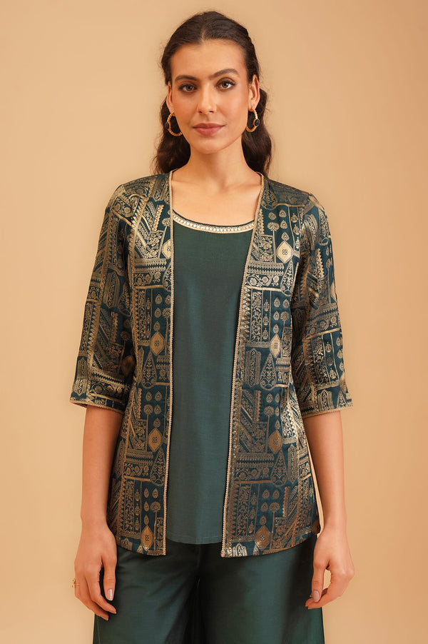 Green Jacquard Zari Straight Top with Palazzo Set